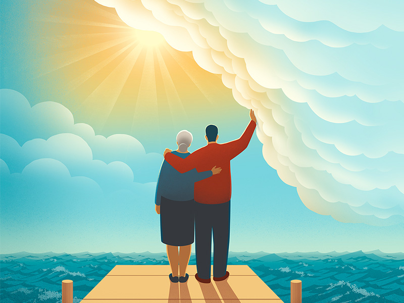 Illustration of a man and woman pulling back clouds to reveal the sun.