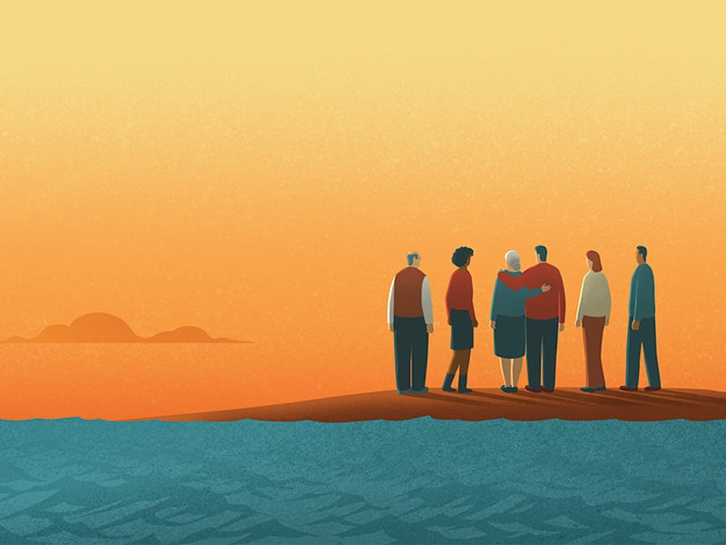 Illustration of a group of 6 people standing on an island at sunset.