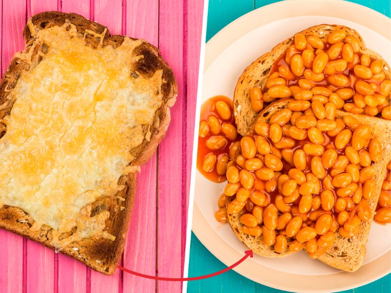 Half the image shows cheese on toast, the other half shows baked beans on toast. This is an example of healthy food swaps that help lower cholesterol.