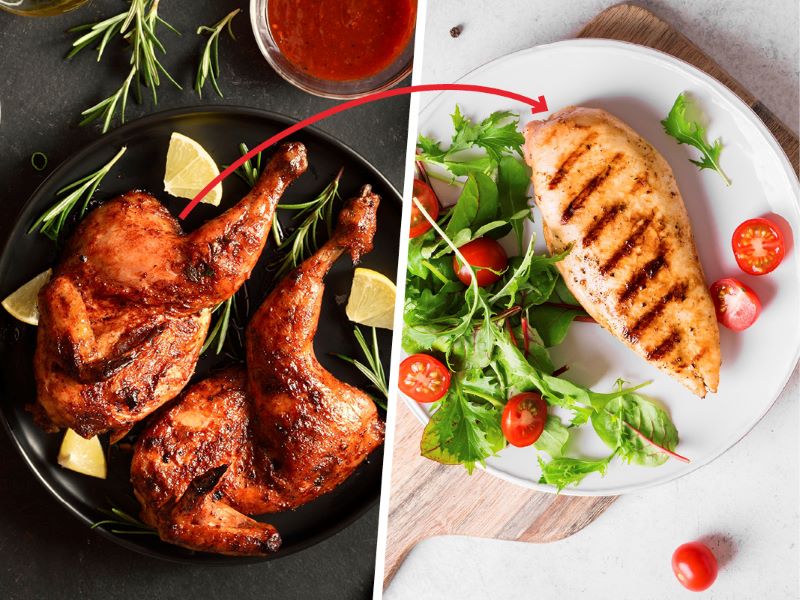 Half the image shows cooked chicken with skin, the other half shows grilled chicken breast without skin. This is an example of healthy food swaps that help lower cholesterol.