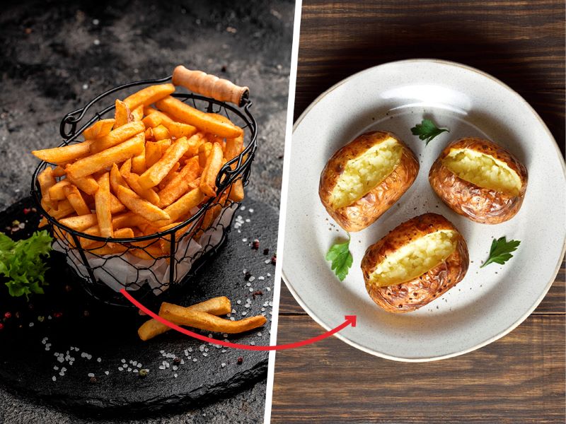 Half the image shows a basket of fried chips, the other half shows baked potatoes. This is an example of healthy food swaps that help lower cholesterol.