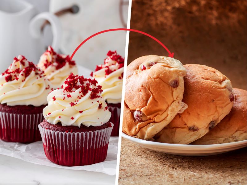 Half the image shows red velvet cupcakes, the other half shows fruit buns without icing. This is an example of healthy food swaps that help lower cholesterol.