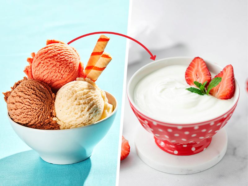 Half the image shows a bowl of mixed ice cream, the other half shows a bowl of yogurt with cut strawberries. This is an example of healthy food swaps that help lower cholesterol.