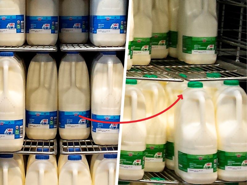 Half the image shows shelves of whole milk in a supermarket, the other half shows shelves of semi-skimmed milk. This is an example of healthy food swaps that help lower cholesterol.