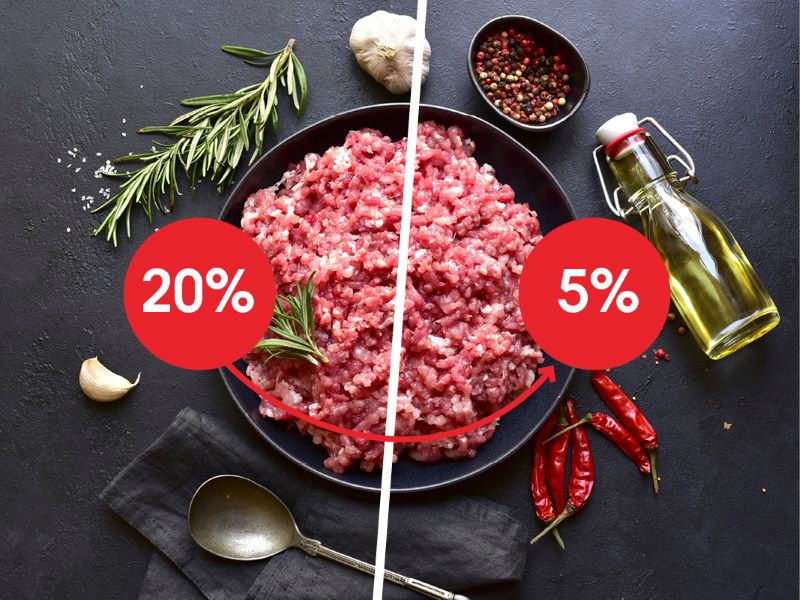 Half the image shows beef mince with 20 per cent fat, the other half shows beef mince with 5 per cent fat. This is an example of healthy food swaps that help lower cholesterol.