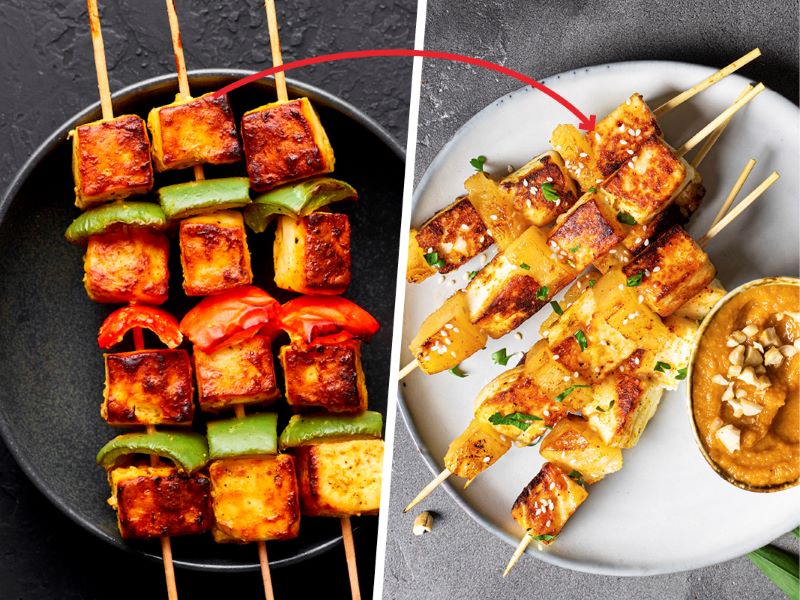 Half the image shows grilled skewers with paneer, the other half shows skewers with grilled tofu. This is an example of healthy food swaps that help lower cholesterol.
