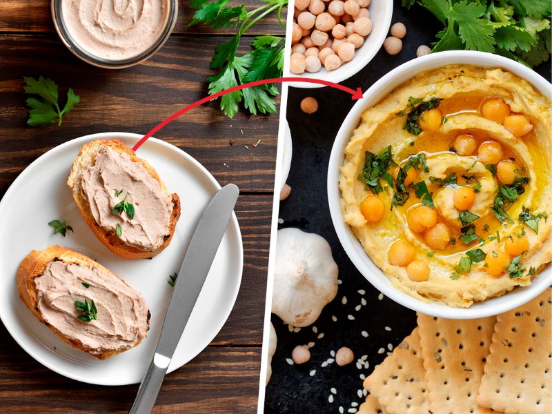 Half the image shows a plate of pate on bread, the other half shows a bowl of hummus. This is an example of healthy food swaps that help lower cholesterol.