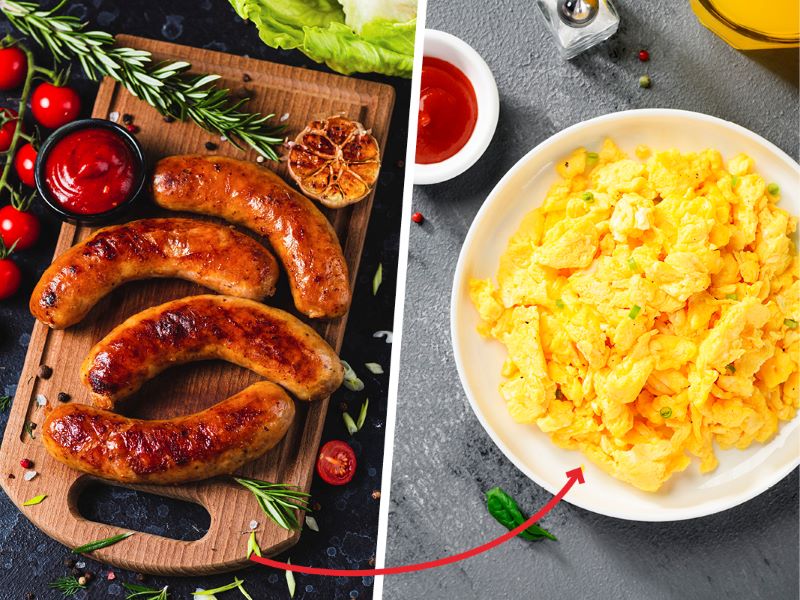 Half the image shows cooked sausages on a wooden board, the other half shows a bowl of scrambled eggs. This is an example of healthy food swaps that help lower cholesterol.