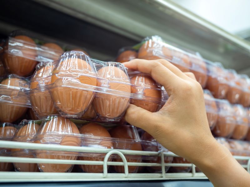 A hand taking a box of eggs from a supermarket shelf.