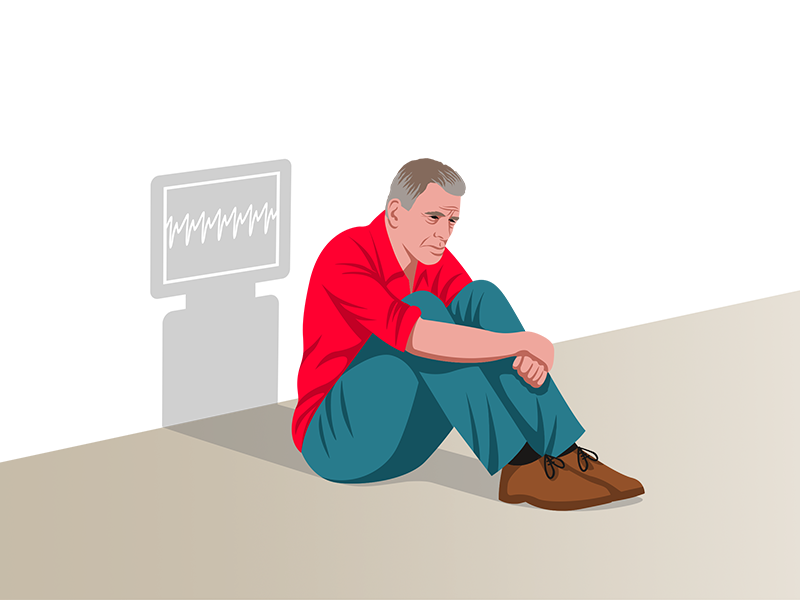 Illustration of a man with a shadow of a heart rate monitor to illustrate the experience of having PTSD after heart problems.