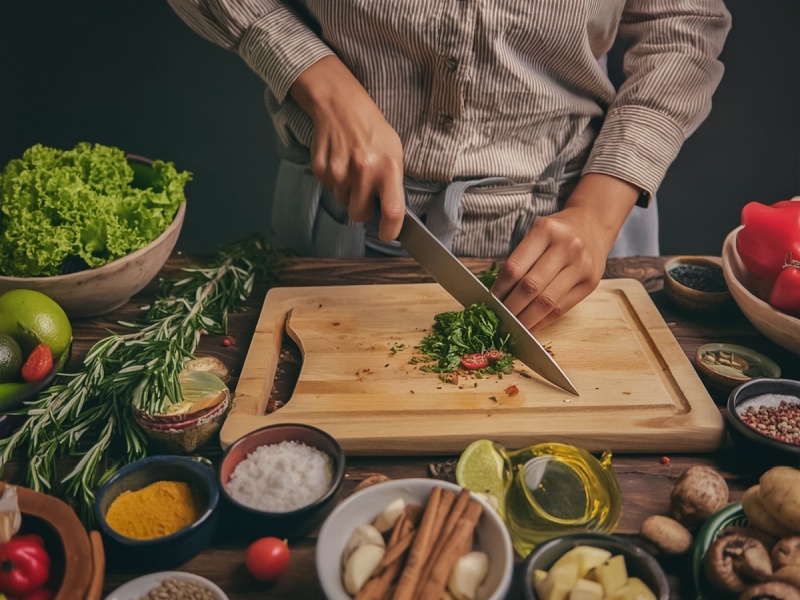 A cook chopping herbs on a wooden board