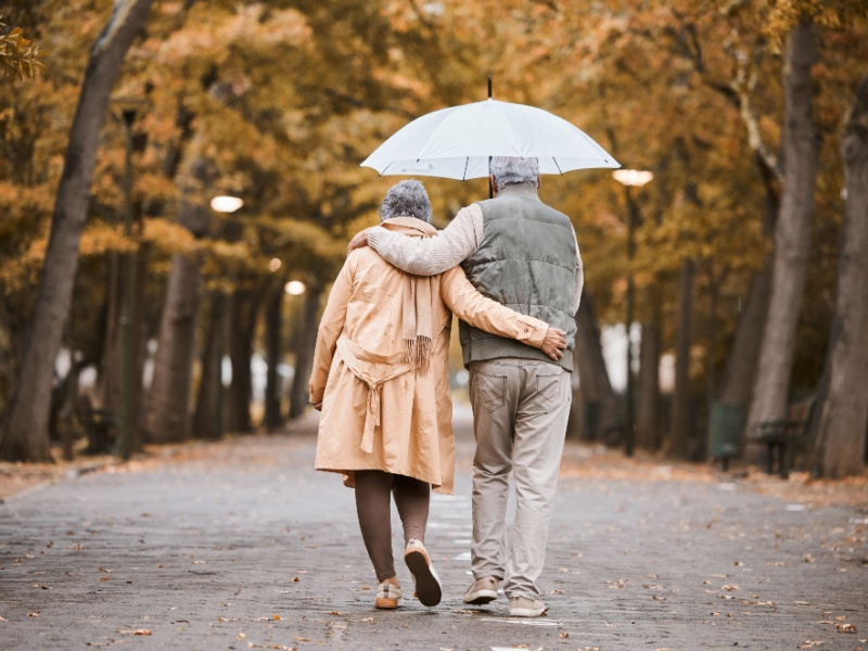 A winter scene showing a senior couple from behind as they walk through a park sharing an umbrella, both dressed in winter clothing.