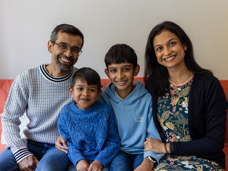 Puloma with her husband, Sandeep Mitra, and her sons, Aarohan and Abir.