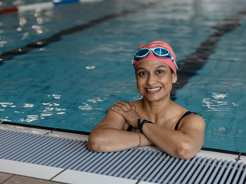 Puloma in an indoor swimming pool.