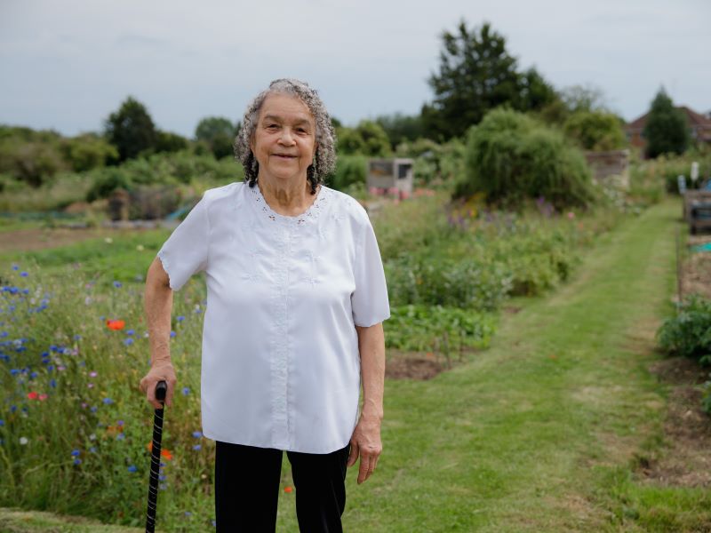 Marion Blake at her allotment in Luton, Bedfordshire.