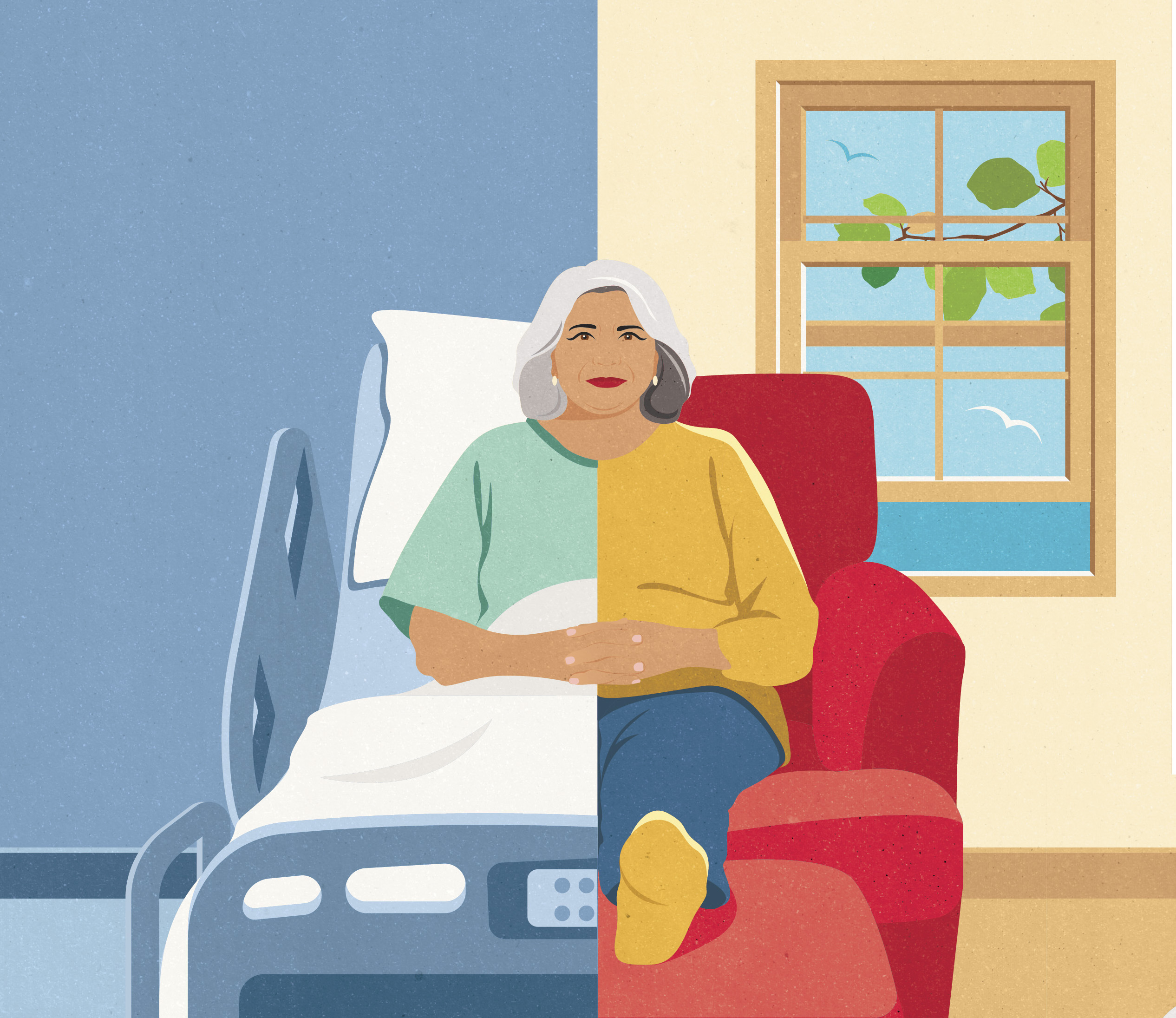 A split illustration showing one half of a person sitting in a hospital bed and the other half sitting on an armchair at home