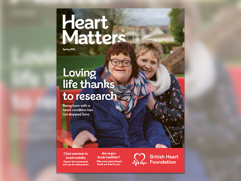 Cover of Heart Matters Spring 2026. Image of 2 woman in a park with text underneath reading "Loving life thanks to research".