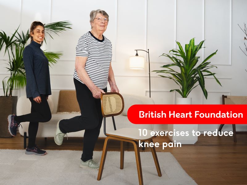 Hara and Elizabeth performing hamstring curls with the text '10 exercises to reduce knee pain'
