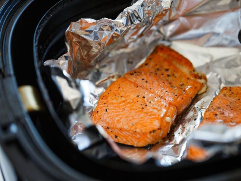 Salmon in an air fryer.