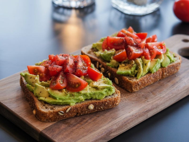 Smashed avocado on toast with chopped tomatoes.