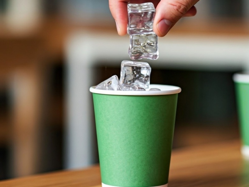 Someone adding ice to a cup in a cafe.