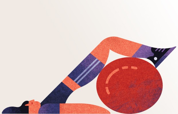 Stylised illustration of a person lying back on a red exercise ball, with legs bent and arms supporting their head.