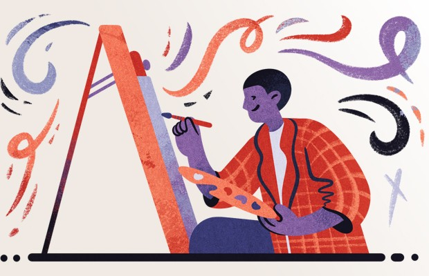 Illustration of a person painting at an easel, holding a paintbrush and palette, surrounded by colourful abstract shapes.