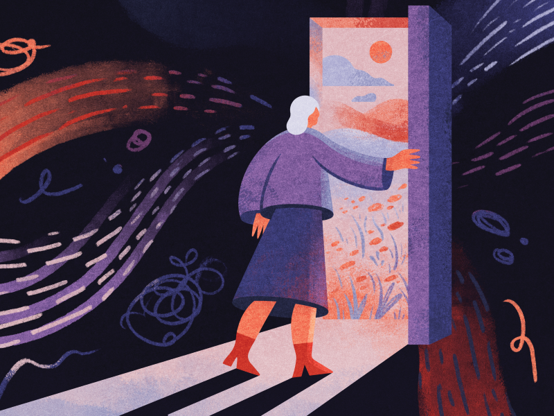 Illustration of a woman wearing a purple long-sleeved top and skirt and red ankle boots. She is in a dark room with swirling abstract lines, and is stepping through a door into a brighter landscape with sun and a meadow.
