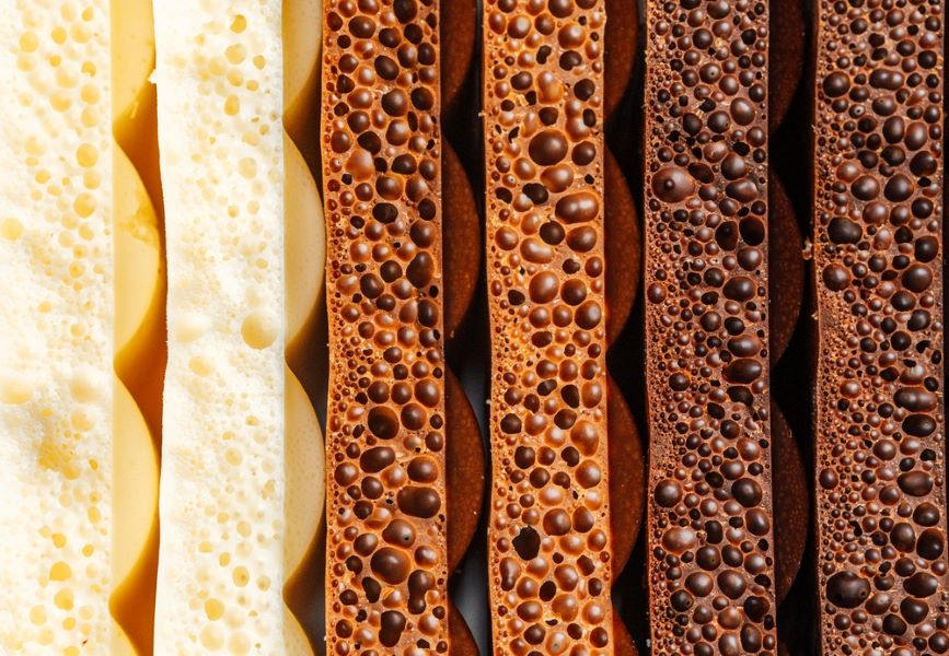 Layers of various types of chocolate showing texture and bubbles.