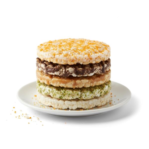 A stack of rice cakes with different flavourings.
