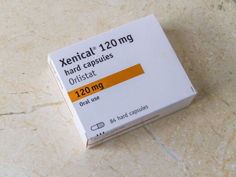 A box of 120mg tablets of Xenical, the brand name of orlistat.