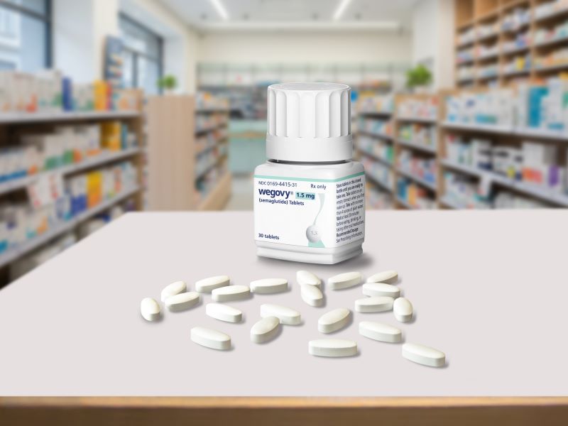 A box of Wegovy pills on a shelf in a pharmacy.