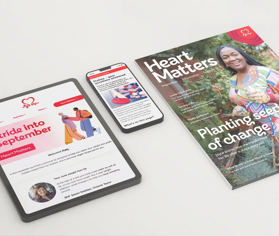 Heart Matters shown in various formats including a tablet reader a mobile and a print magazine
