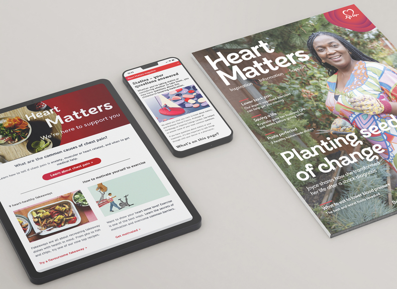 A row of different Heart Matters formats including tablet a smartphone and a print magazine