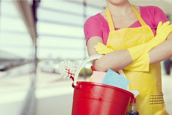 Lady standing with a bucket of cleaning things