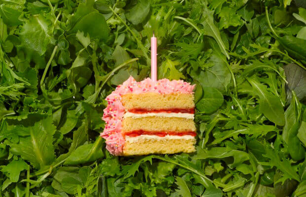 Slice of birthday cake on salad leaves