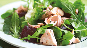 Salmon with honey-roast beetroot salad