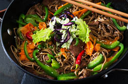 Brown buckwheat noodle stir fry with vegetables