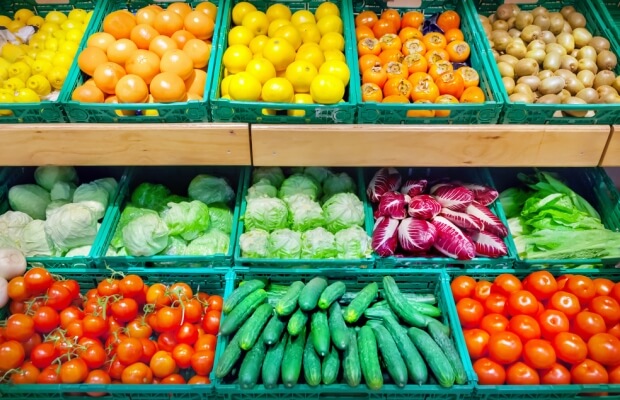 Fruit and vegetable shelves in a supermarket
