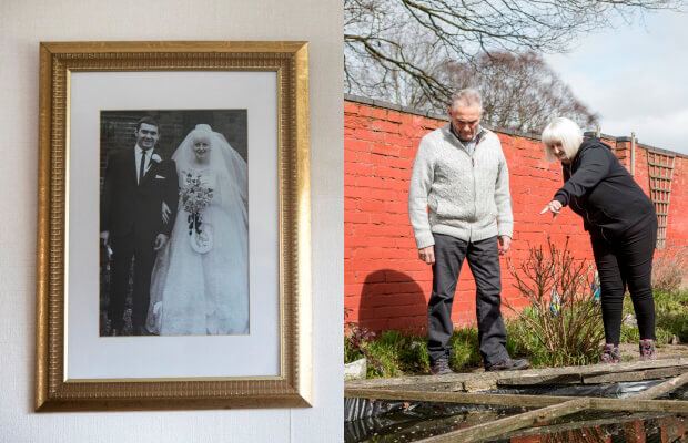 Barrie Gough and his wife on their wedding day and gardening together