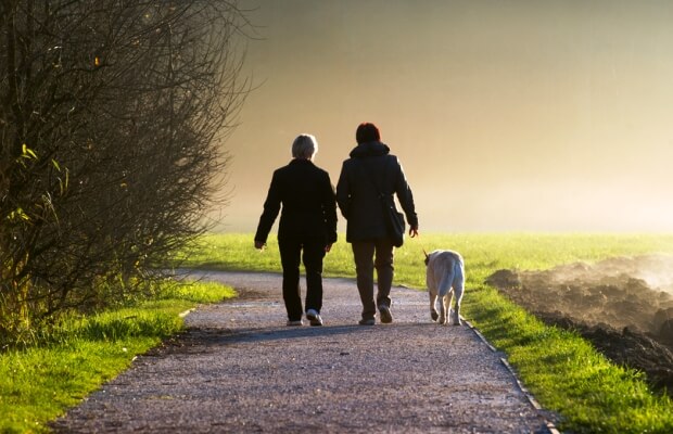 Two people walking a dog in the park