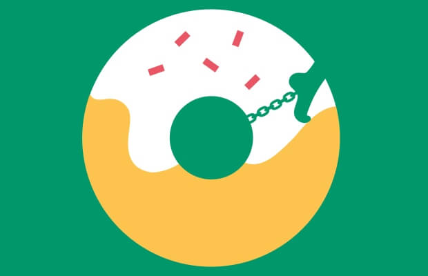 Illustration of a sugar-coated donut chained to a persons foot