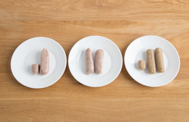 A portion of (L-R): Full fat sausages, reduced fat sausages, and Quorn sausages