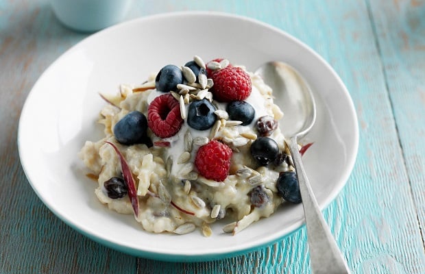 Fruit muesli A bowl of muesli topped with fresh fruit