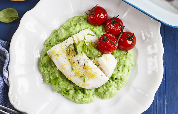 Lemon and basil roasted cod with green pea mash