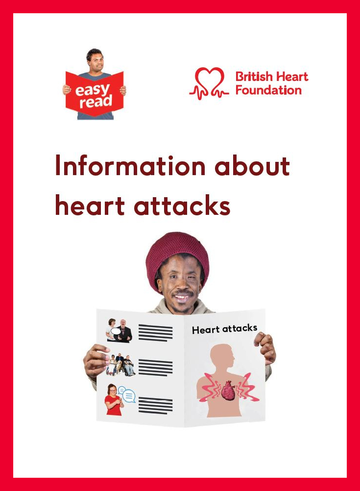 A white booklet with a red border around it. In the centre is a man holding a two-page booklet open. Above the man is the title of this booklet: "information about heart attacks". 