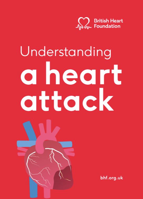A red cover with the title "understanding a heart attack" in white font in the centre. The image of a heart appears underneath the title.