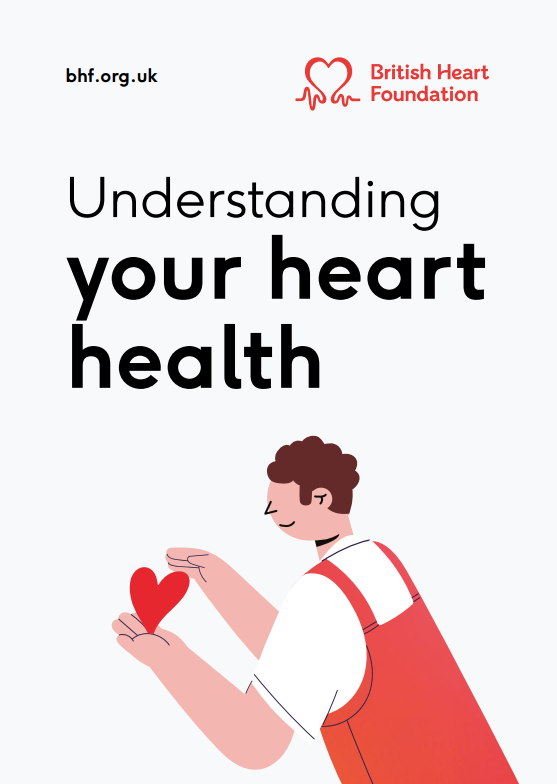 Man with brown hair wearing a white tshirt and red coveralls holding a small heart in his hands. Title says Understanding your heart health.