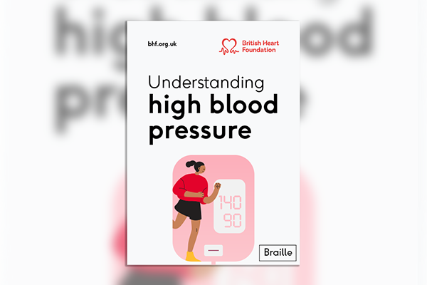 Thumbnail with a blurry white background and a picture of the booklet cover overlaid that reads Understanding high blood pressure. Woman in black shorts and red top with dark hair running on the front.