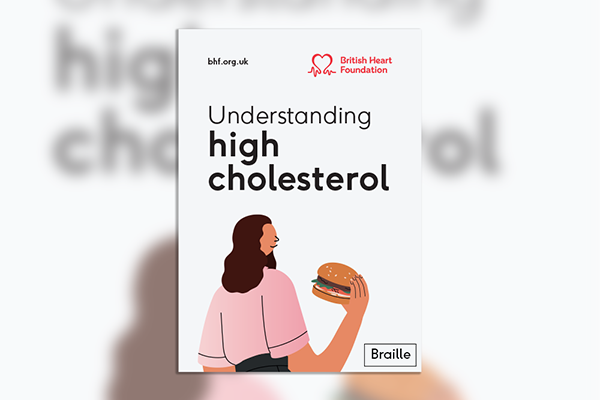 Thumbnail with a blurry white background and a picture of the booklet cover overlaid that reads Understanding high cholesterol. Picture of a woman in a pink shirt with dark hair holding a burger.